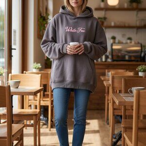 White Fox Season 7 Oversized Hoodie in Monument with Pink Puff print lettering